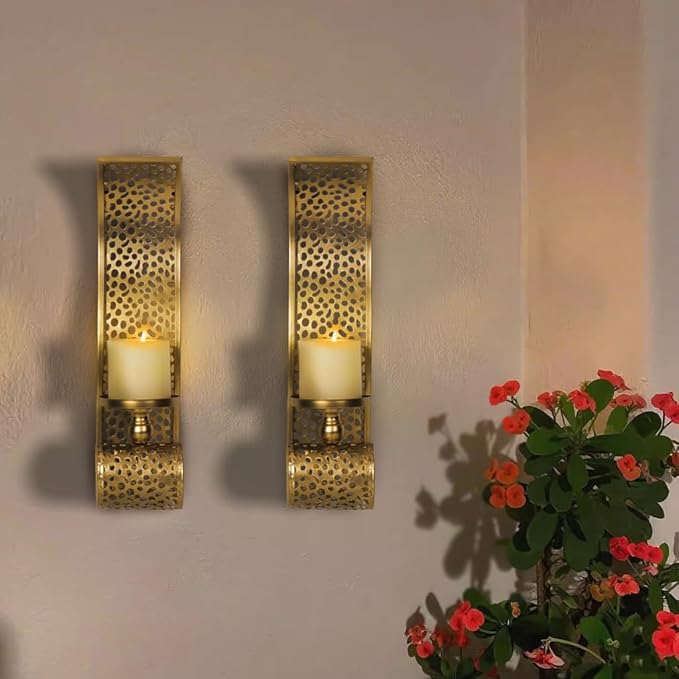 Gold Candle Sconces - Metal Wall Candle Holders for Living Rooms hallways Decorative Set of 2