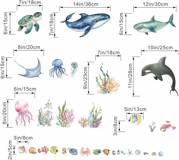 Under The Sea Wall Decals - Marine Theme Shark Whale Fish Sea Turtle Ocean Wall Stickers - Bathroom Baby Nursery Kids Bedroom Daycare Wall Decor