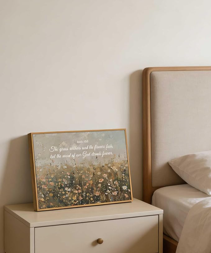 Framed Christian Floral Scripture Canvas Wall Art Wildflower Meadow Bible Verse Wall Decor Picture Isaiah Religious Faith Art Poster Print for Living Room Bedroom Decoration 12x16in