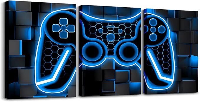 Feelyou Gamer Canvas Wall Art Gaming Bathroom Wall Art for Home Decor 12"x16" 3 Piece for Lighting Honeycomb Game Controller Office Wall Artwork Posters Blue and Black Geometric Wall Painting