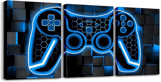Feelyou Gamer Canvas Wall Art Gaming Bathroom Wall Art for Home Decor 12"x16" 3 Piece for Lighting Honeycomb Game Controller Office Wall Artwork Posters Blue and Black Geometric Wall Painting