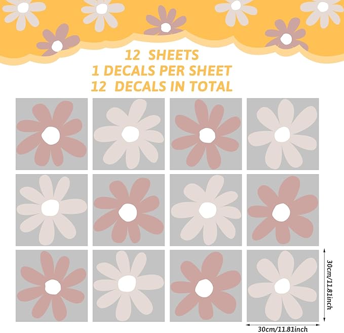 TaoBary 12 Sheet Daisy Wall Sticker Decal Removable Cute Daisy Bedroom Room Decor Flower Wall Sticker Pink White Flower Decal Wallpaper Peel and Stick for Nursery Home(Grey Color,Simple Style)