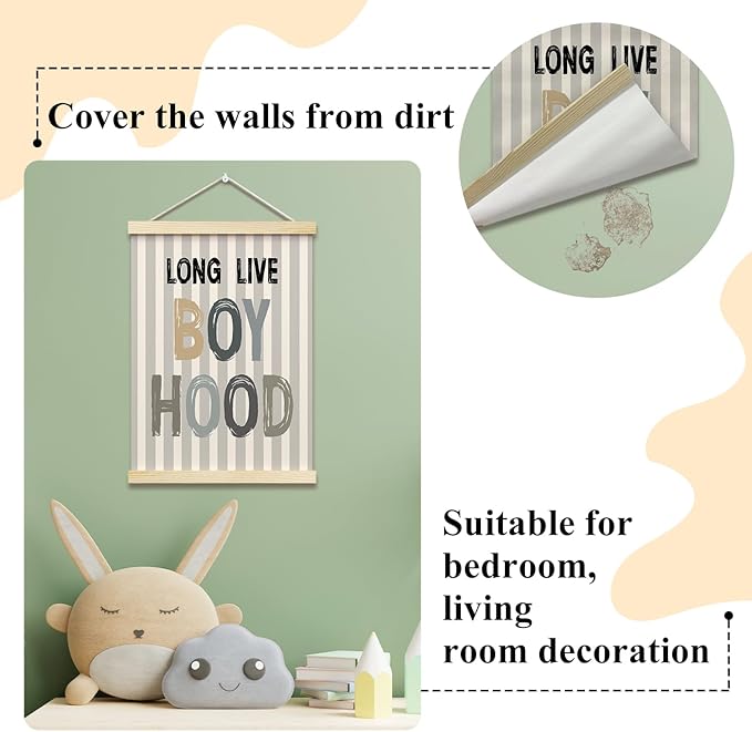 Long Live Boyhood Posters Hanger Frame for Boys Room Stripes Hanging Poster for Bedroom Kids Room Classroom Decor Wall Art Decor for Nursery Playroom Canvas Wall Art Print 16x12 Inches - YY065