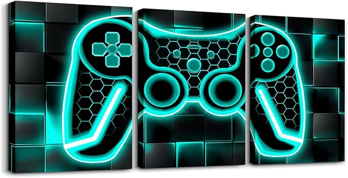 Feelyou Gamer Canvas Wall Art for Living Room 12"x16" 3 Piece Teal Blue and Black Picture Wall Decor Gaming Ombre Office Wall Decorations Artwork Posters Geometric Square Wall Painting
