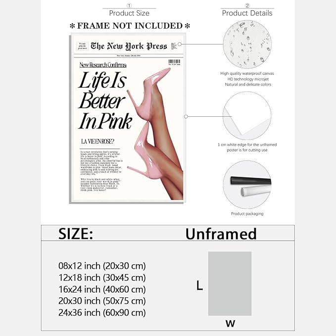 Trendy Baby Pink Poster 70s Canvas Prints The New York Press Wall Art Life Is Better in Pink Hot Girl Posters Preppy Aesthetic Decor Bedroom for Cool Girly Room Home Dorm 12x16inch Unframed