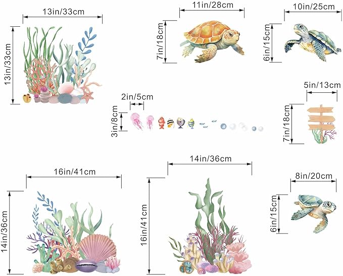 Ocean Sea Turtle Wall Decals - Under The Sea Marine Theme Seaweed Grass Wall Stickers - Baby Nursery Kids Bedroom Daycare Bathroom Wall Decor