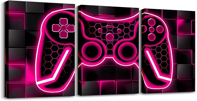 Feelyou Gamer Canvas Wall Art for Living Room 12"x16" 3 Piece Rose Red and Black Picture Wall Decor Gaming Ombre Office Wall Decorations Artwork Posters Geometric Square Wall Painting