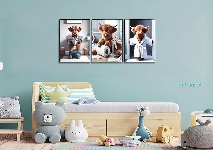 Funny Bathroom Highland Cow Wall Art, Brown Cute Cow Animal Canvas Posters Prints Wall Decor Set of 3, Vintage Rustic Farmhouse Home Painting Pictures for Kids Room Restroom 12x16 Inch Unframed