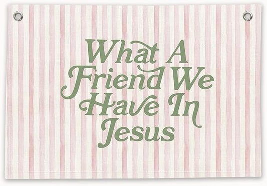 RTXLEZM Kids Room Decor-What a Friend We Have in Jesus Christian Canvas Banner Wall Hanging,Pink Stripes Minimalist Bible Verse Wall Art Prints for Classroom, Nursery, Kids Room