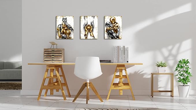 Visual Art Decor Black and Gold Love Decor Grey & Gold Hugging Couple Bedroom Wall Decor Picture Art Prints Framed Canvas Print (White, 12x16inchx3 Pieces)