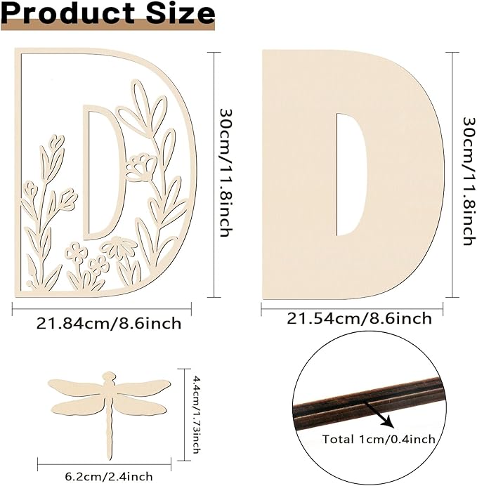 Layered 12 Inch Large Wooden Letters for Wall Decor, Flowered Paintable Wooden Nursery Letters for Crafts Wood Alphabet Letter D for Birthday Boho Nursery Name Sign Wedding Home Decoration