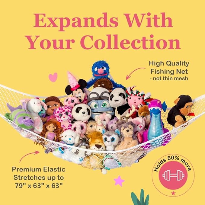 Lilly's Love Large Stuffed Animal Hammock | Corner Hanging Organizer, Toy Storage, Stuffed Animal Storage Net | Made from Quality Fishing Net, Holds 12lbs | 79"x63"x63" (Coral, 2 Pack)