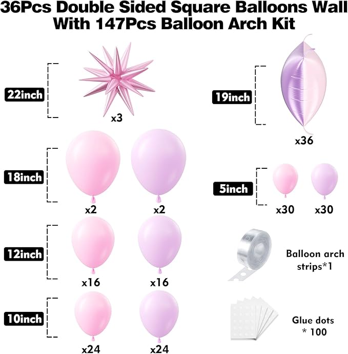 36pcs Pink and Purple Square Foil Balloons Wall Backdrop with 147pcs Balloon Garland Arch Kit, Double Sided Balloons for Princess Birthday Wedding Bridal Shower Baby Shower Party Decorations