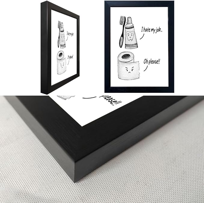 Kids Bathroom Wall Decor Framed Black and White Bathroom Print Funny Toliet Paper and Toothbrush Picture Artwork for Children's Bathroom