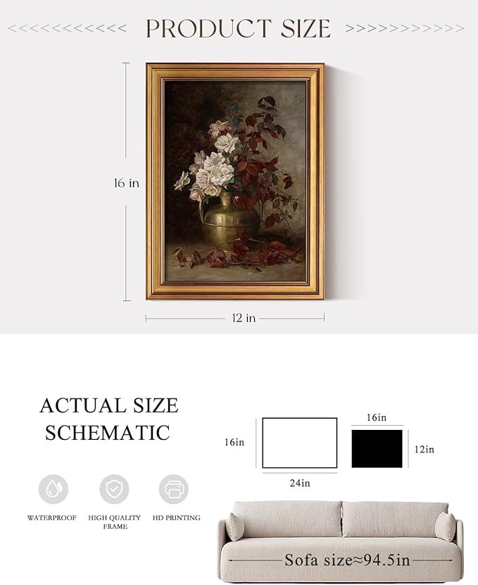 ARPEOTCY Gold Framed Canvas Wall Art, 12x16inch, Classical Rose Art Prints, Vintage Decor for Bathroom Kitchen Dining Room Entryway, Country Autumn Fall Shelf Decor,Small