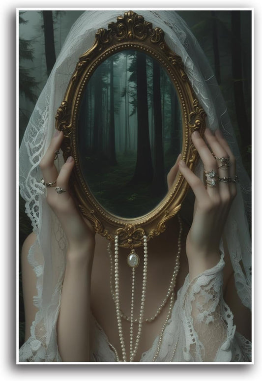 Mirror face covering dark art poster print melancholy gothic painting vintage feminine print victorian style decoration antique art20x30in Frameless