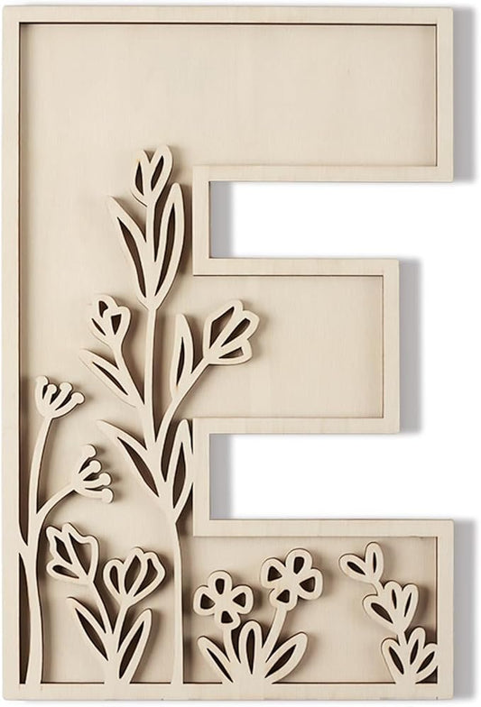 Layered 12 Inch Large Wooden Letters for Wall Decor, Flowered Paintable Wooden Nursery Letters for Crafts Wood Alphabet Letter E for Birthday Boho Nursery Name Sign Wedding Home Decoration