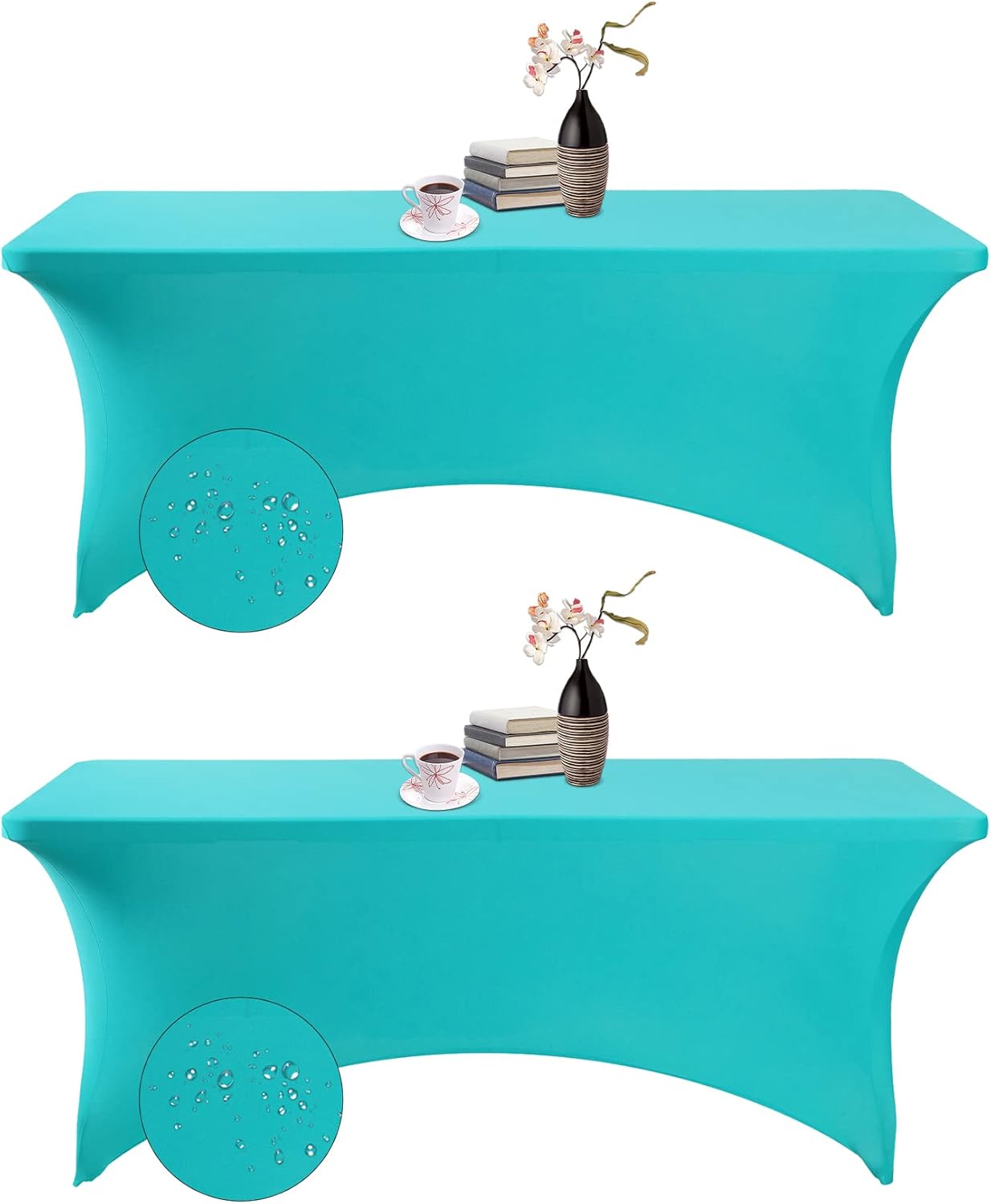 2Pack Spandex Waterproof Rectangular Tablecloths, 6FT, Turquoise, Stretchable, Stain Resistant, All-Season, Party, Wedding, Banquet, Events