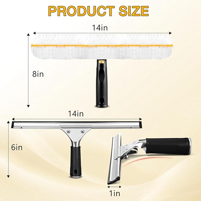 Professional Window Cleaning Squeegee Kit- 14" Squeegee & Microfiber Rotatable Window Scrubber,All-Purpose Tile Shower Walls Window Glass Car Windshield Mirrors,Reusable Microfiber Sleeve