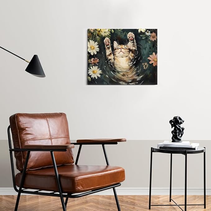 Aesthetic Sleeping Cat Wall Art Decor Cat on Lily Pond Cute Canvas Print Poster Framed Painting for Home Living Room Bedroom Wall Decor 8x10 Inch