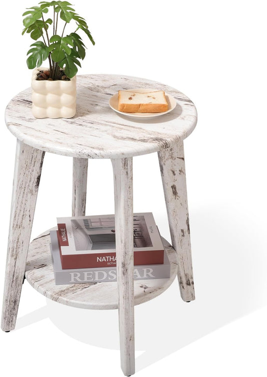 Farmhouse Round Side Table Rustic White Wooden End Table with Lower Shelf Vintage Nightstand Beside Table for Living Room Bedroom Small Spaces