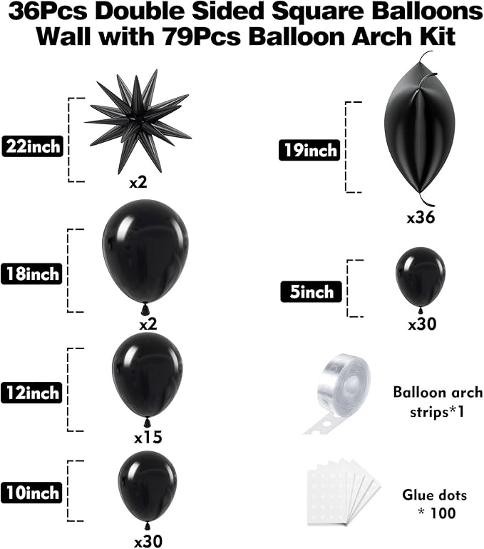 36pcs Black Square Foil Balloons Wall Backdrop with 79pcs Balloon Garland Arch Kit, Double Sided Balloons Set for Birthday Bridal Shower Anniversary New Year Graduation Party Decorations