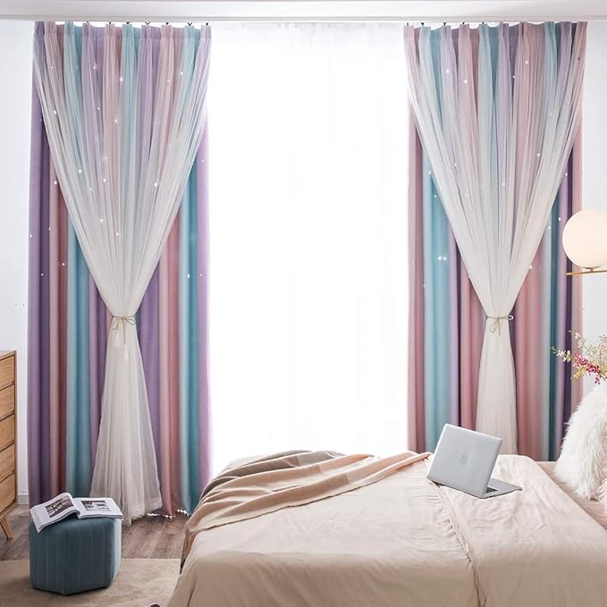 UNISTAR 2 Panels Star Blackout Curtains for Kids Girls Bedroom Aesthetic Living Room Colorful Double Layer Cut Out Stripe Pink and Purple Rainbow Window Home Decoration Curtain W42 x L63 Inches