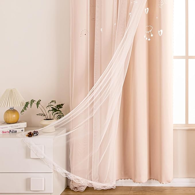 UNISTAR 2 Panels Unicorn Curtains for Kids Girls Bedroom Aesthetic Living Room Decor Double Layer Star Cut Out Baby Pink Window Wall Home Decoration,W52 x L63 Inches