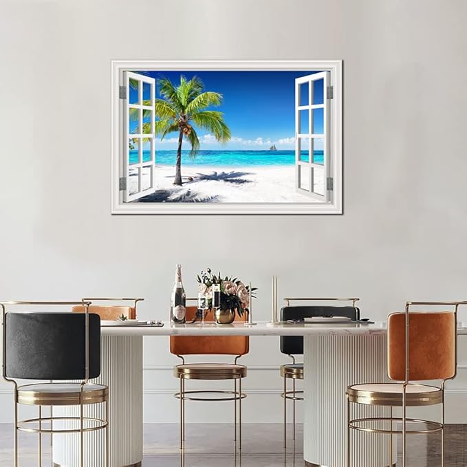 Beach Pictures Wall Art Decor for Living Room Blue Ocean Painting for Bedroom White Window Frame Style Palm Trees Canvas Wall Blue Coastal Landscape Artwork for Bathroom Home Office Decorations, Ready to Hang (24*36, Beach Palm Trees Wall Art)