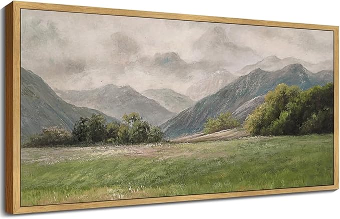 SHENIFY 20x40in Extra Large Vintage Framed Wall Art Prairie and Mountain Landscape Painting Retro Meadow Scenery Farmhouse Bedroom Above of Bed Living Room Decor - Natural Framed