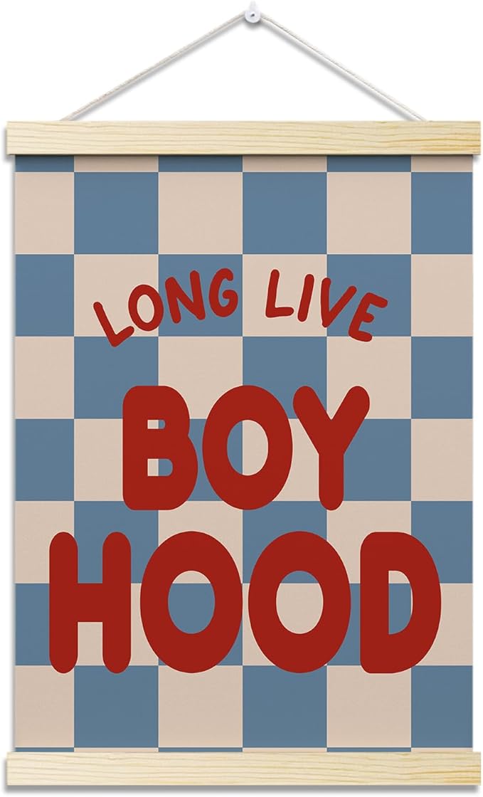 Long Live Boyhood Posters Hanger Frame for Boys Room Checkered Hanging Poster for Bedroom Kids Room Classroom Decor Wall Art Decor for Nursery Playroom Canvas Wall Art Print 16x12 Inches - YY065