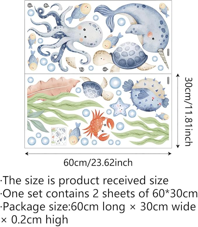 Under The Sea Whales Wall Decal Stickers，Wall Sticker for Children's Room Underwater World,Ocean Watercolor Wall Sticker ，oastal Ocean Hippocampus Octopus Turtle Fish Nursery Decoration.