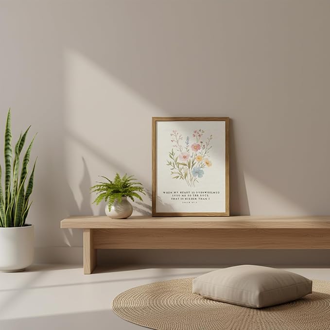Christian Scripture Canvas Wall Art 8x10 Inch Psalm 61:2 Bible Verse Wall Decor, Boho Floral Religious Artwork for Prayer Room, Church, Office, Home, Wood Framed
