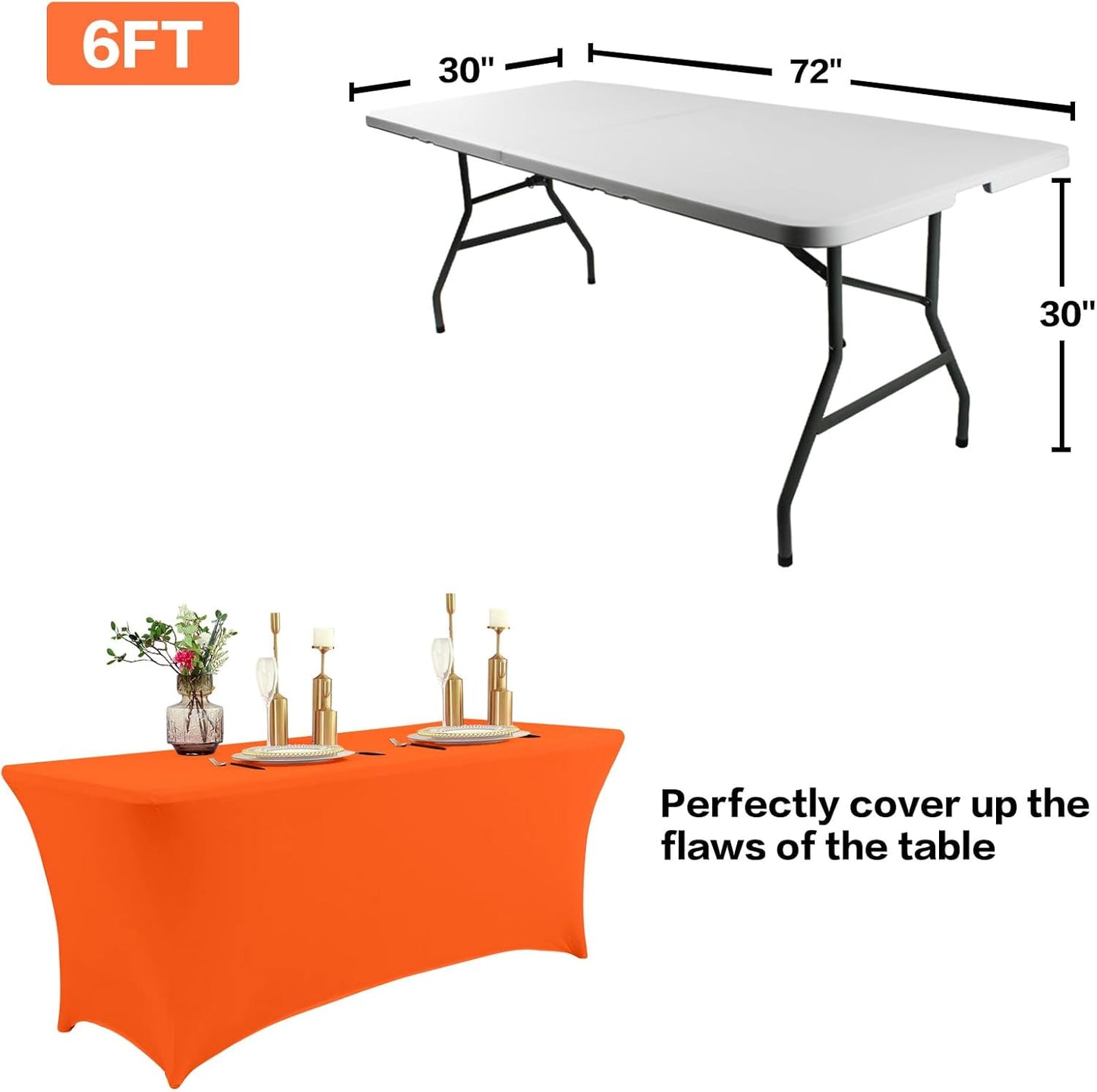IVAPUPU 2 Pack 6FT Table Cloth for Rectangular Fitted Events Stretch Orange Table Covers Washable Spandex Tablecloth Protector for Party, Wedding, Cocktail, Banquet, Festival