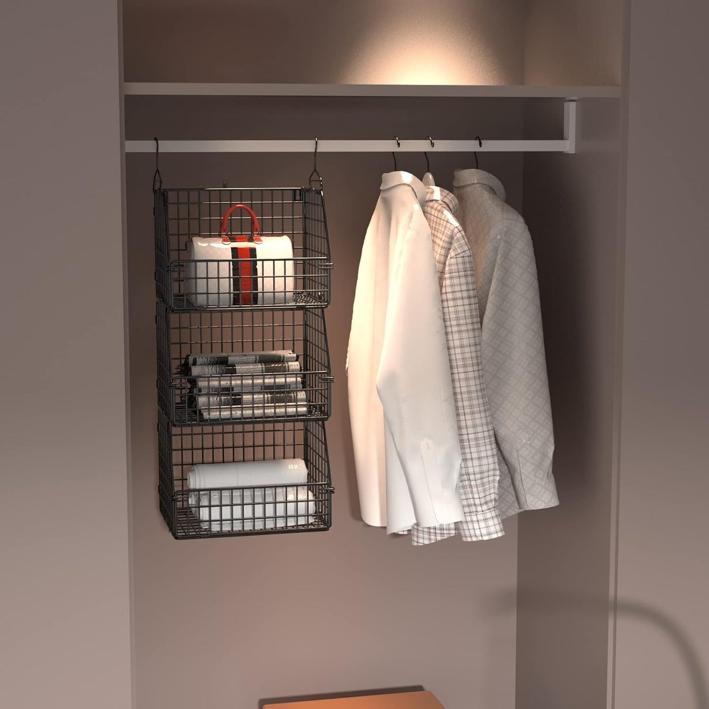 Stackable Wire Storage Baskets for Kitchen Closet Pantry, Hanging Closet Organizers Storage Shelves Organization, Wall Mount Metal Basket Bins, Clothing Vegetable & Fruit Organizer 3 pcs