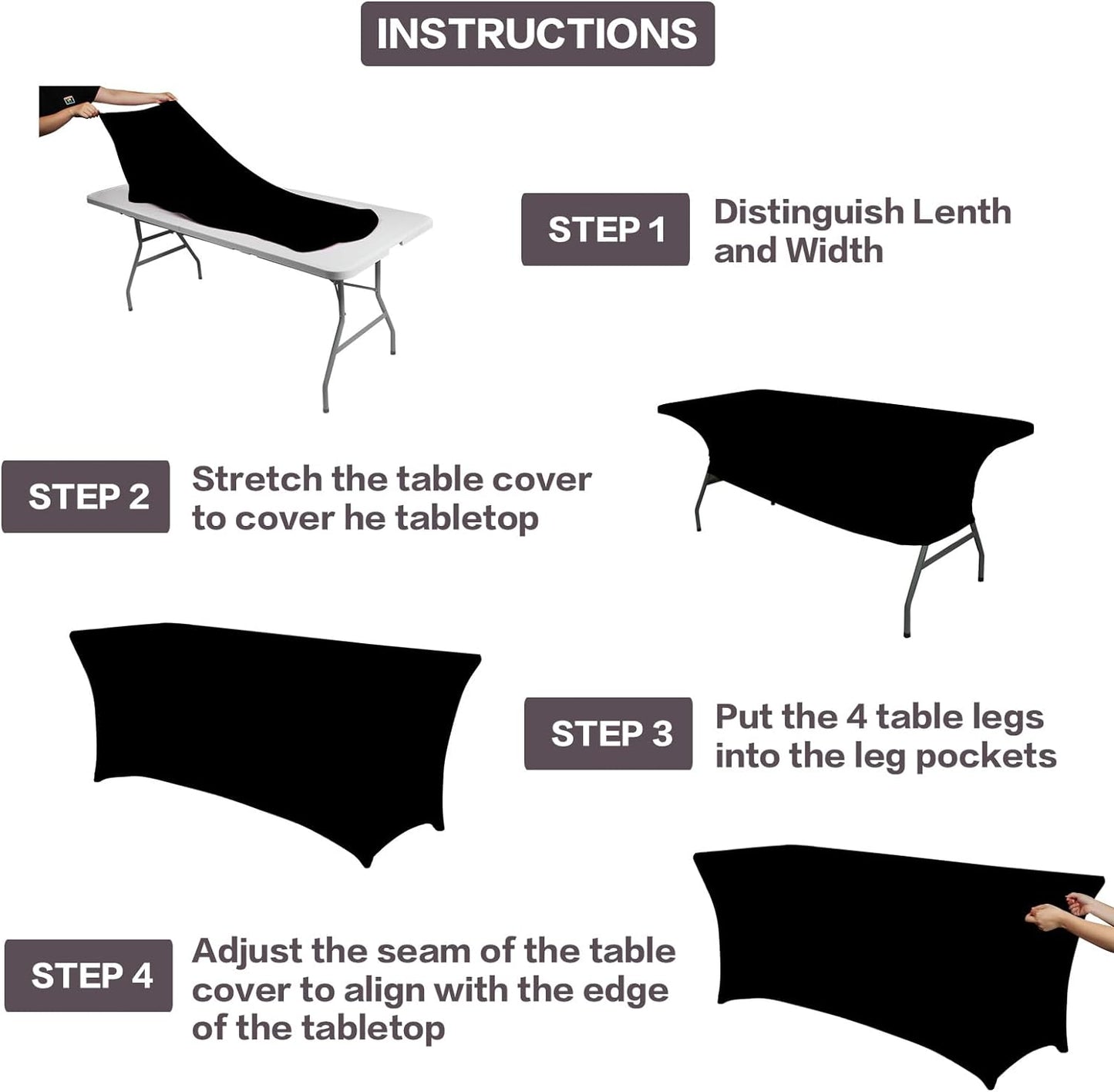 IVAPUPU 2 Pack 6FT Table Cloth for Rectangular Fitted Events Stretch Black Table Covers Washable Spandex Tablecloth Protector for Party, Wedding, Cocktail, Banquet, Festival