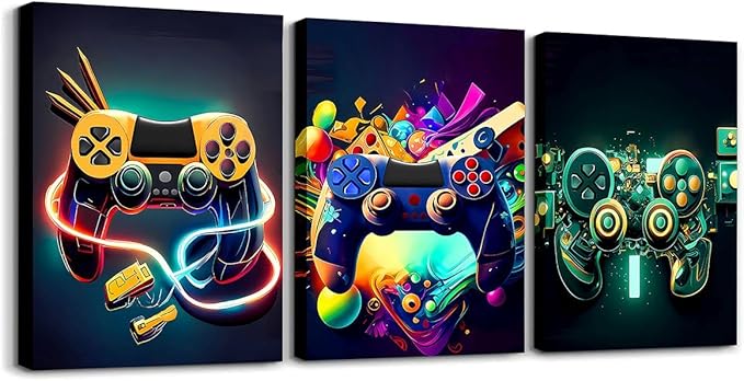 Feelyou Gamer Canvas Wall Art for Living Room - 12" x 16" 3-Piece Game Controller Picture Wall Decor Gaming Gifts Bathroom Office Wall Art Gamepad Artwork Posters Green Wall Painting
