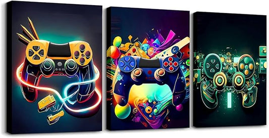 Feelyou Gamer Canvas Wall Art for Living Room - 12" x 16" 3-Piece Game Controller Picture Wall Decor Gaming Gifts Bathroom Office Wall Art Gamepad Artwork Posters Green Wall Painting