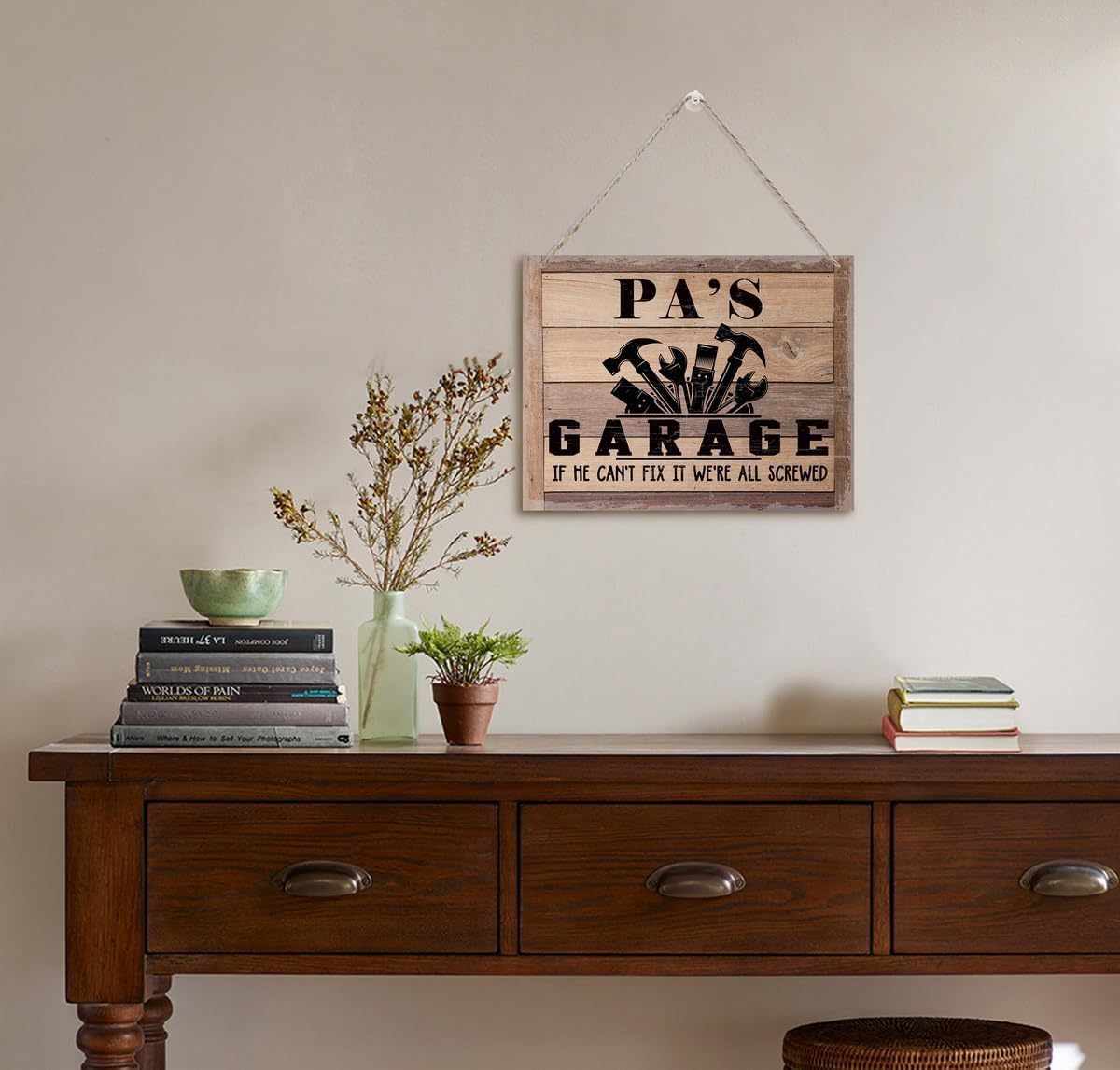 Rustic Father's Day Gift for Dad, Grandpa - Pa's Garage Decor Hanging Wood Sign - If He Can't Fix It We're All Screwed - Vintage Printed Wall Art