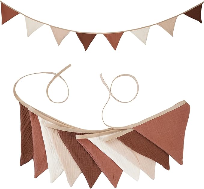 19.6ft Pennant Banners Bunting Flags, Garland Triangle Banners Fabric for Boho Shower Wedding Party Decorations Nursery Playroom Decor (Beige Coffee 2PCS)