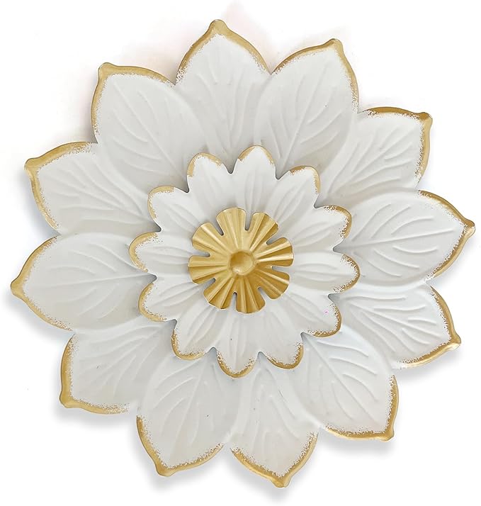 LIFFY 9.2“ White and Gold Metal Flower Wall Art, Modern Rustic Floral Decor for Indoor Living Room Bedroom Office Outdoor Garden Patio Yard