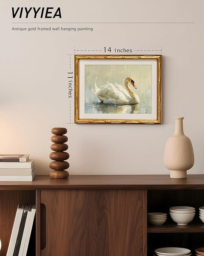 VIYYIEA Bamboo Detail Design Gold Framed Wall Art, Swan Canvas Prints, Vintage Framed Wall Decor, Picture Print Painting for Home Decor, 11 x 14 Inch