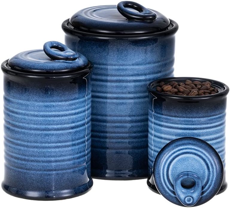 Nihow Food Storage Jar Sets: Ceramic Container with Air Tight Lid for Flour/Sugar/Rice/Coffee/Cookies/Candy - Seal Damp-proof Canister for The Kitchen - Set of 3 （Blue & Black）