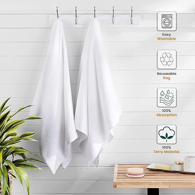 Nabob Wipers White Terry Rags 2lb Bulk Towel Rag Multipurpose 12x12 Inches 100% Cotton Ring Spun Cleaning Solution for Body Shops, Garages, Restaurants, Home, Bars (24 Pack)
