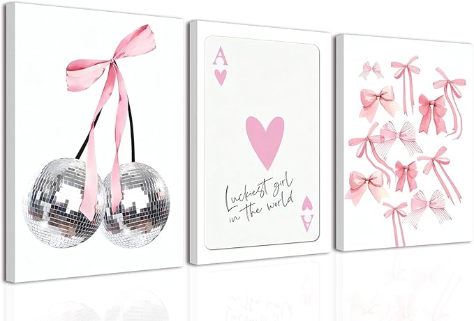 Trendy Pink Bows Wall Art Set of 3 Coquette Preppy Cherry Wall Decor Trendy Disco Ball Canvas Posters Prints Girly Aesthetic for College Apartment Living Room Bedroom Framed 12x16 In