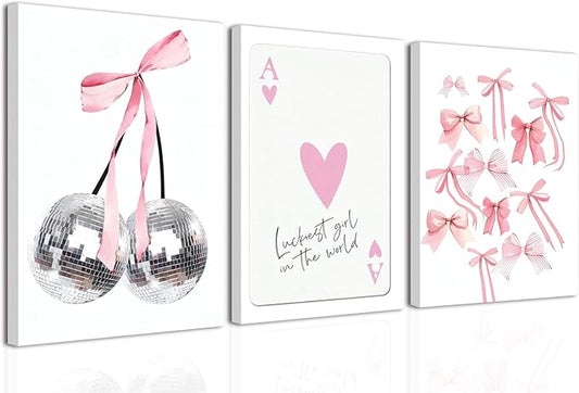 Trendy Pink Bows Wall Art Set of 3 Coquette Preppy Cherry Wall Decor Trendy Disco Ball Canvas Posters Prints Girly Aesthetic for College Apartment Living Room Bedroom Framed 12x16 In
