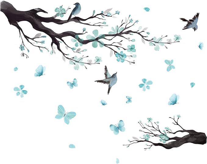 Watercolor Blue Flower Wall Stickers,Removable DIY Romantic Blossom Bird Tree Branch Wall Murals 3D Wall Art Stickers Home Decor for Gilrs Bedroom Nursery Rooms Living Room