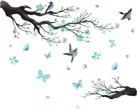 Watercolor Blue Flower Wall Stickers,Removable DIY Romantic Blossom Bird Tree Branch Wall Murals 3D Wall Art Stickers Home Decor for Gilrs Bedroom Nursery Rooms Living Room
