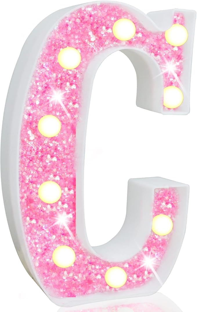 Pooqla LED Marquee Letter Lights, Pink Glitter Alphabet Sign Battery Powered Night Light, Birthday Party, Wedding, Girls Gifts, Home Bar, Christmas Decoration, Pink Letter C