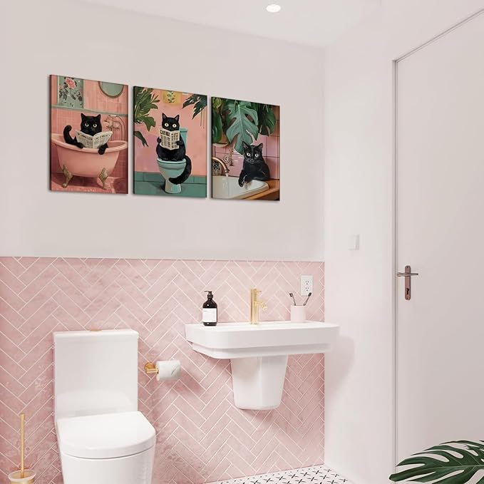 Funny Pink Bathroom Cat Wall Art Painting Set of 3 Maximalist Cute Black Cat Bathroom Wall Decor, Eclectic Animal Restroom Poster Canvas Prints Pictures 12x16 inch Framed
